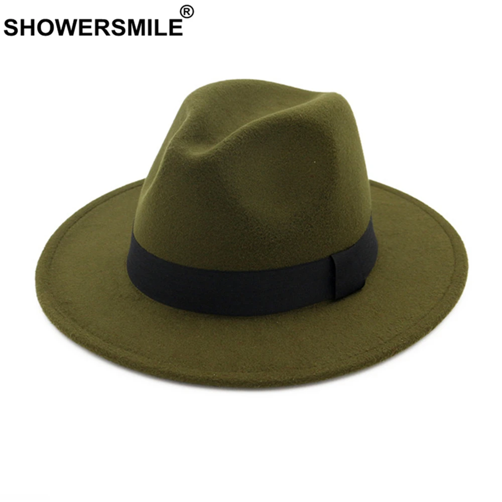 

SHOWERSMILE Deep Green Pork Pie Hat Hat Fedora Woolen Autumn Winter Hats for Women Men British Syle Wide Brim Panama Cap