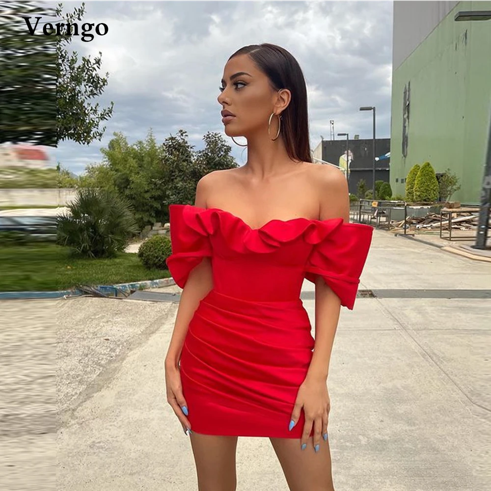 Verngo Sexy Red Satin Short Prom Dresses Off Shoulder Short Sleeves ...