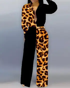 

Turn-down Collar Colorblock Insert Leopard Jumpsuit Elegant Long Sleeve Bodysuit Women Full Length Jumpsuit