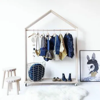 

Portable Kids Wooden Clothing Racks with Wheels Creative Garment Organizer Display for Shops Stores with Hanging Rod