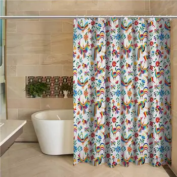 

Mexican 3D Printed Shower Curtain Traditional Latin American Art Design with Natural Inspirations Flowers and Birds Hotel
