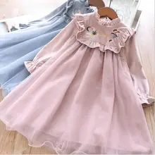 Одежда для маленьких девочек; коллекция года; сезон осень-зима; плиссированное платье принцессы с вышитыми цветами для девочек; Модное детское платье высокого качества