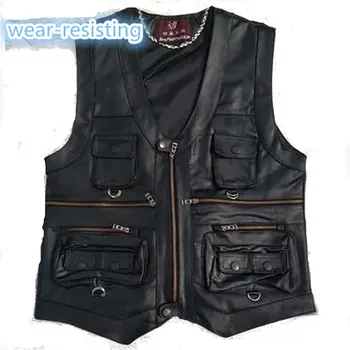 2020 New gentlement leather vest male slim commercial male leather vest sheepskin leather men vest waistcoat with many pockets 1