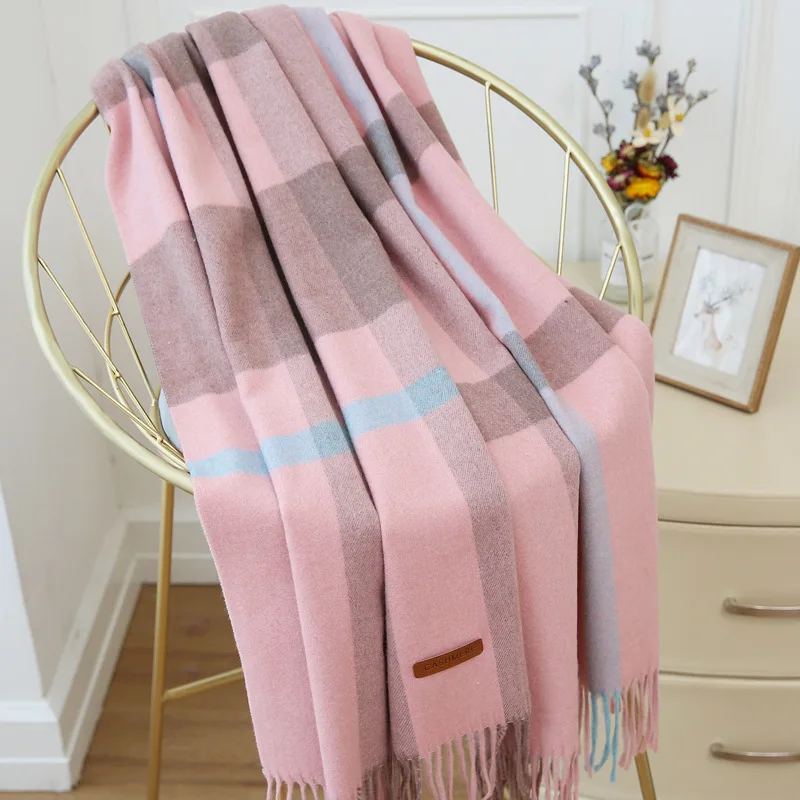 pink Высококачественные женские шарфы, шерстяной шарф, клетчатый Полосатый жаккардовый плотный кашемировый длинный платок, модные женские аксессуары - Цвет: pink