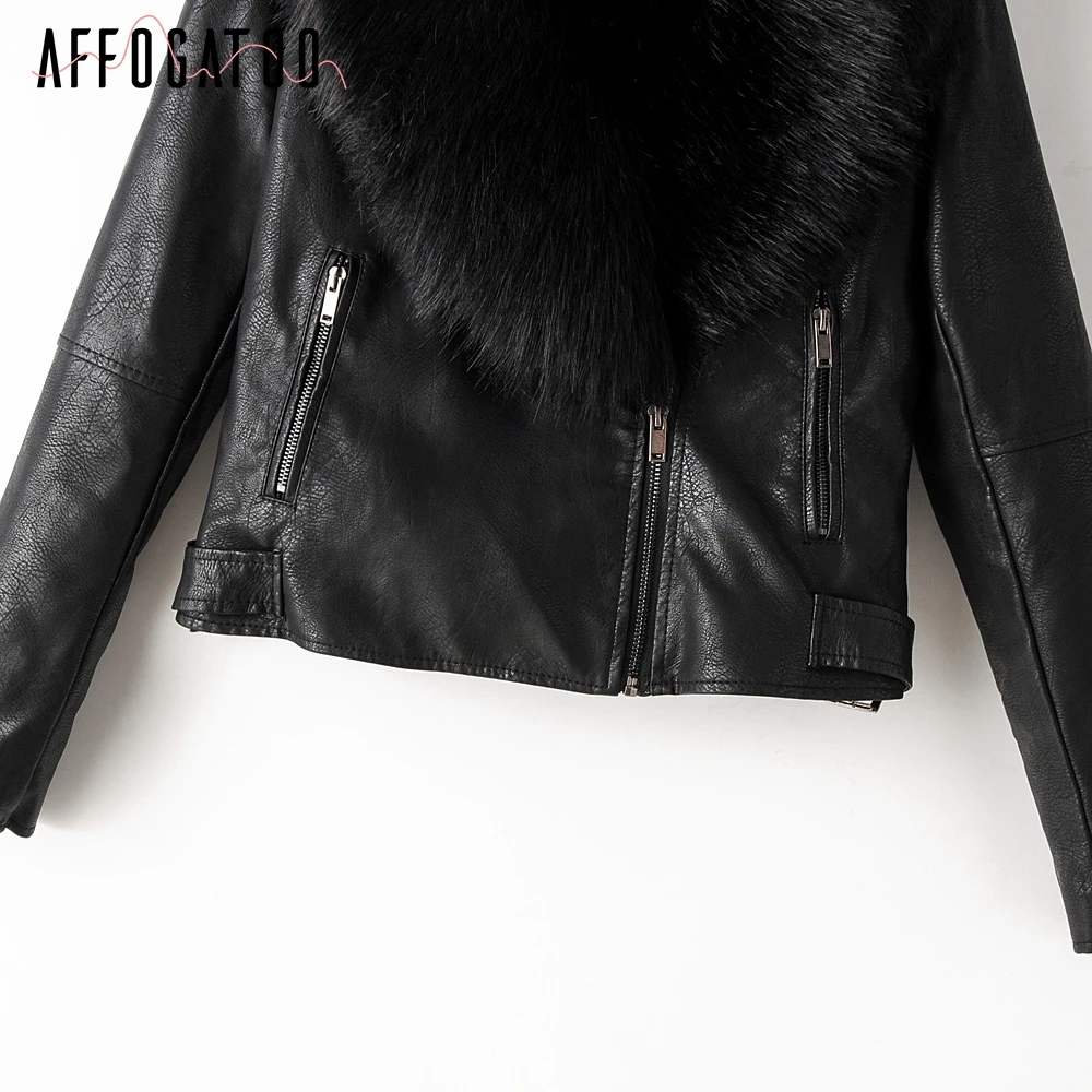 Affogatoo Casual Autumn winter warm faux fur female jackets furry Detachable collar leather coat women Thick outwear ladies coat