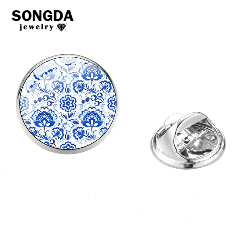 SONGDA Delicate Floral Print Lapel Pin Blue And White Porcelain Style Transparent Glass Cabochon Brooches and Pins Women Jewelry | Украшения