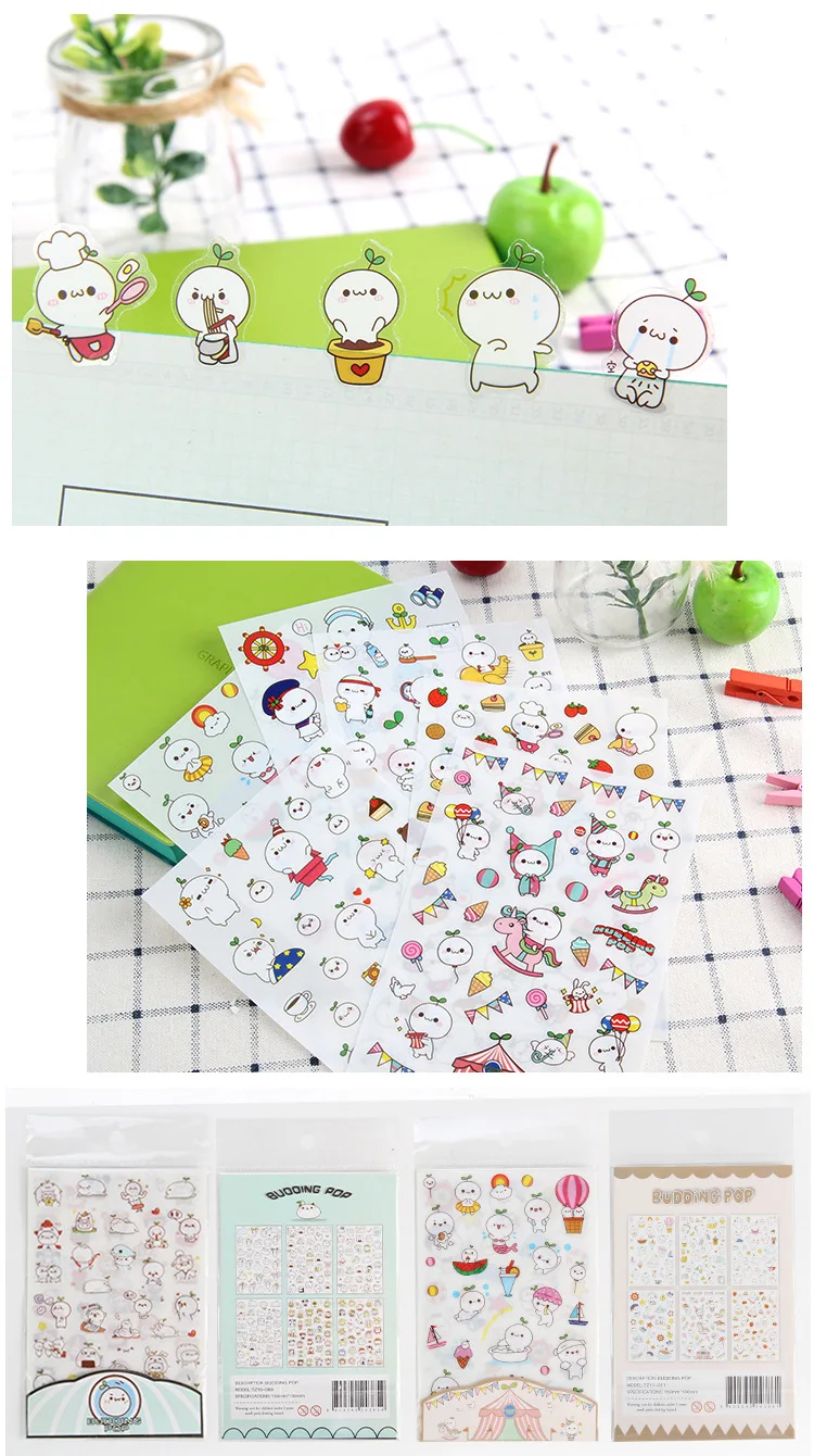 6pcs/lot  Waterproof Cartoon Cute Transparent Diy Decoration Stickers Korea Hand Account Stickers Kawaii Plastic Cup Stickers