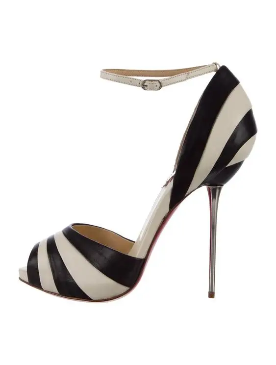 

Black White Stripes Peep Toe Stiletto High Heel Sandals Women's Luxury Design Ankle Strap Sandals Summer Party Shoes