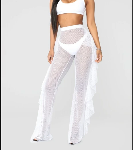 Sexy Womens Mesh Sheer Pants Trousers Bikini Cover Up Beach Wide Leg Swimwear - Цвет: Белый