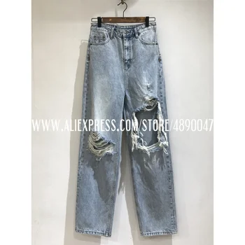 

2020 newest women's straight jeans worn out distressed jeans daily trousers street ladies Hole casual pants Straight pants