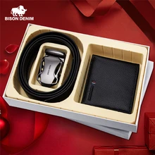 BISON DENIM мужской кошелек из натуральной кожи с роскошным мужским ремнем, Подарочная коробка, держатель для карт, кошелек для отца, друга, подарочный набор на день рождения