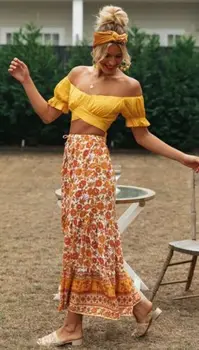 

Women Bohemian Print High Waist Pleated Retro Long Skirt Floral Print Maxi Skirt Beach Summer 2020 Vintage Swing Skirt