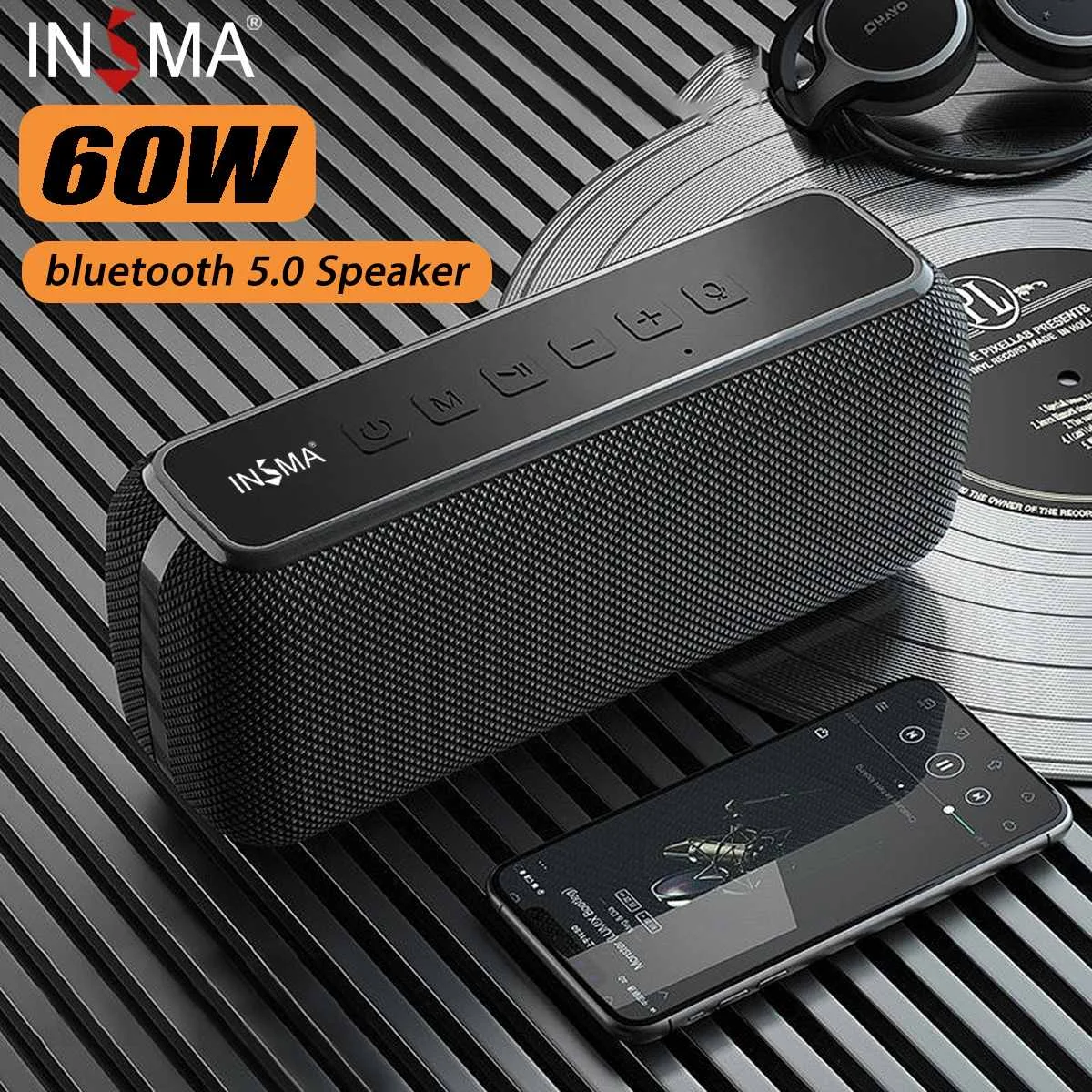 INSMA-altavoz inalámbrico con Bluetooth S600, Subwoofer IPX5 de 60W, resistente al agua con duración de reproducción de 15H, asistente de voz, Subwoofer de graves Extra