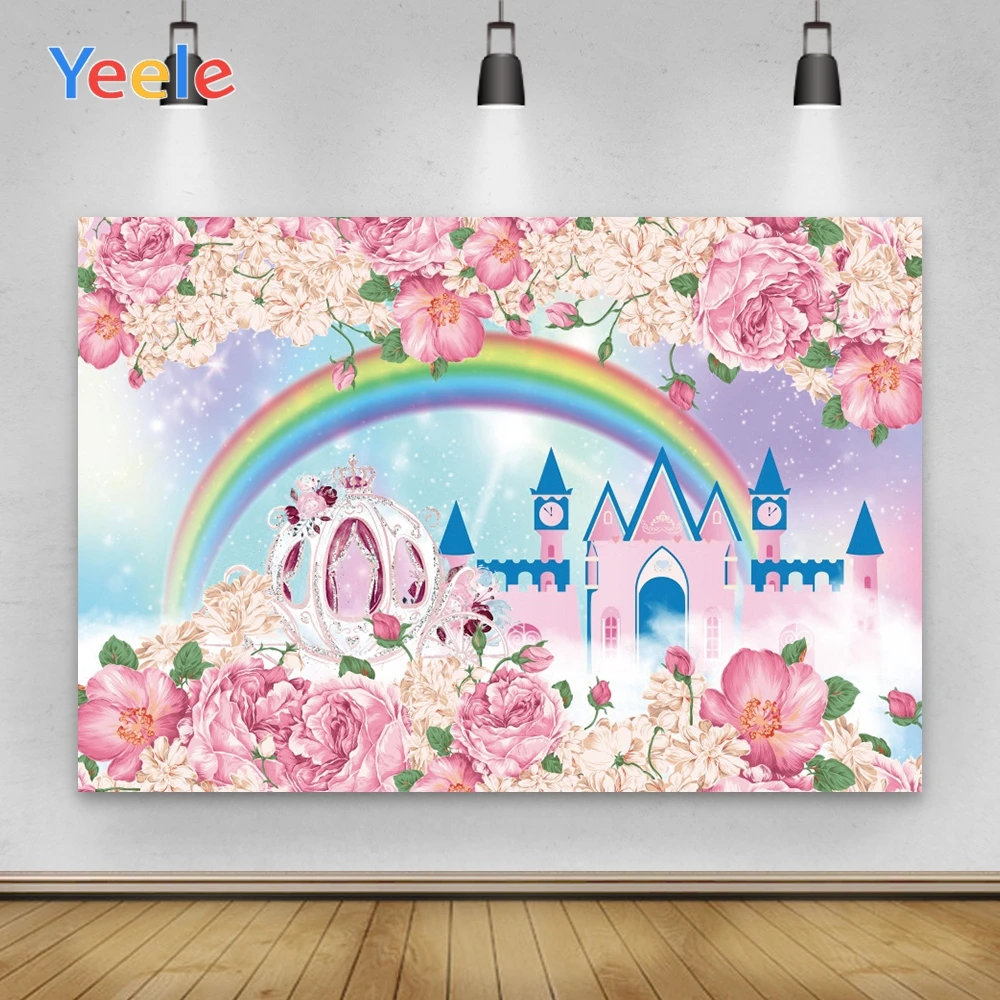 

Yeele Baby Girl Birthday Backdrop Customized Castle Carriage Rainbow Photocall Photography For Children Photo Studio Props Decor