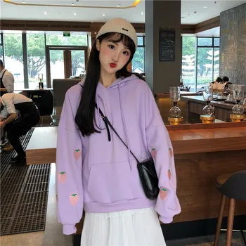 

Ins Harajuku Plus Velvet Hooded Sweatshirt Print Winter Loose Strawberry Long Sleeve Pullover Streetwear Casual Hoodies