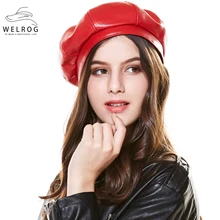 WELROG, Женский фетровый берет, черный, красный, из искусственной кожи, берет, шапка для женщин, Осень-зима, плоская кепка, Gorras, женская, ретро, восьмиугольная кепка