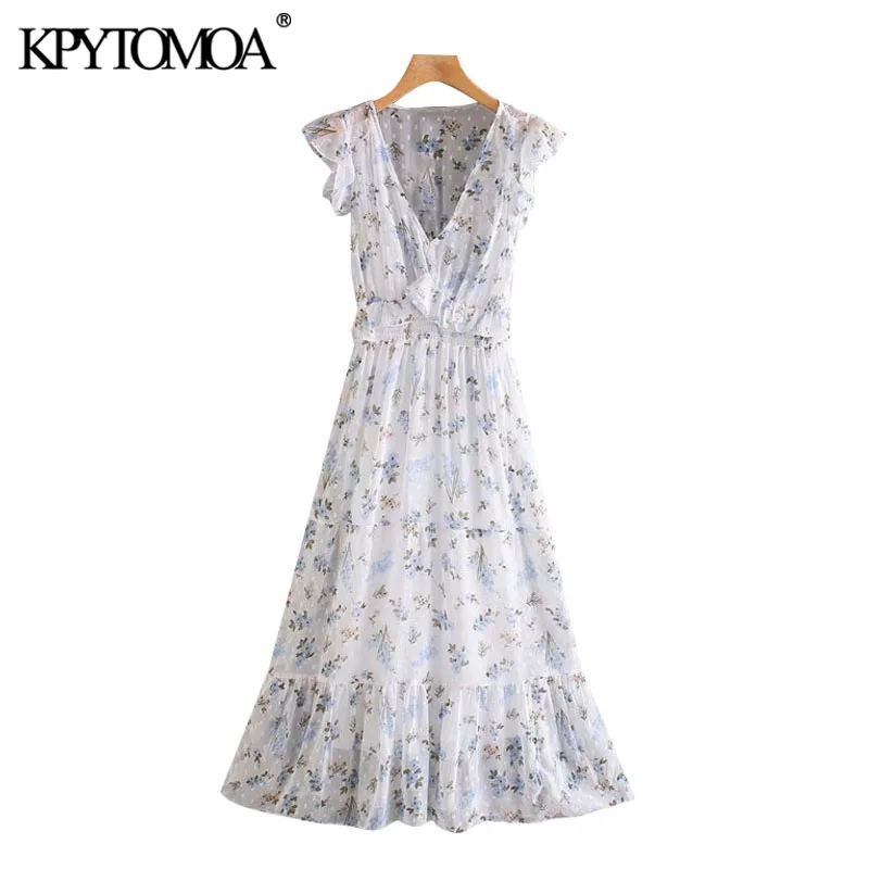 KPYTOMOA Women 2020 Chic Fashion Floral Print Ruffles See Through Midi Dress Vintage Elastic Waist With Lining Female Dresses KPYTOMOA Women 2020 Chic Fashion Floral Print Ruffles See Through Midi Dress Vintage Elastic Waist With Lining Female Dresses