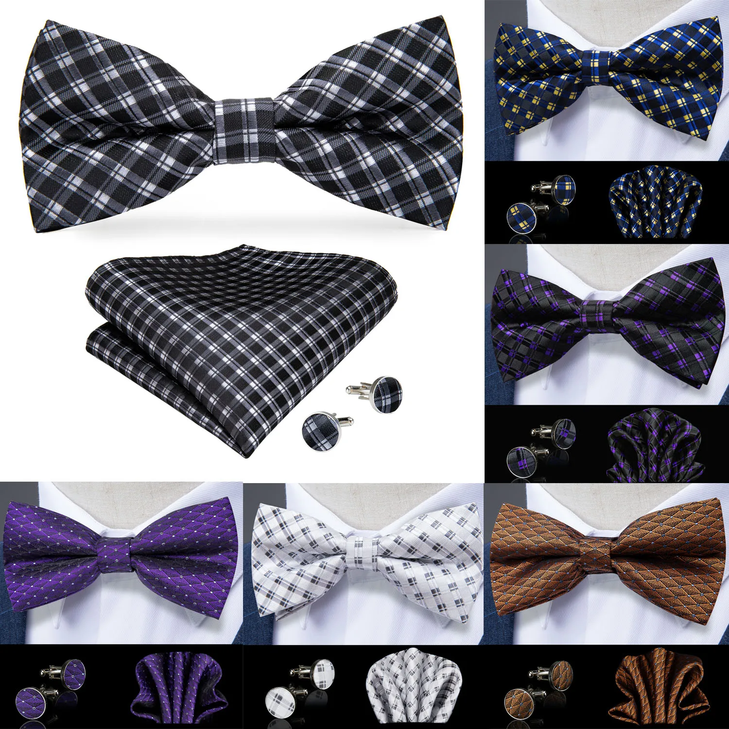 

Men's Silk Bow Tie Business Black Plaid Butterfly Bow For Men Wedding Party Tuxedo Bowtie Pocket Square Cufflinks Set DiBanGu