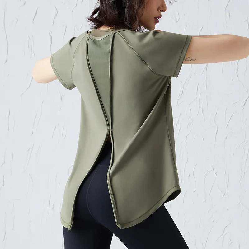 

Women Hollow Back Yoga Shirts Short Sleeve Mesh Tops Sports T-Shirts Quick Dry Breathable Gym Female Fitness Sportswear X525B