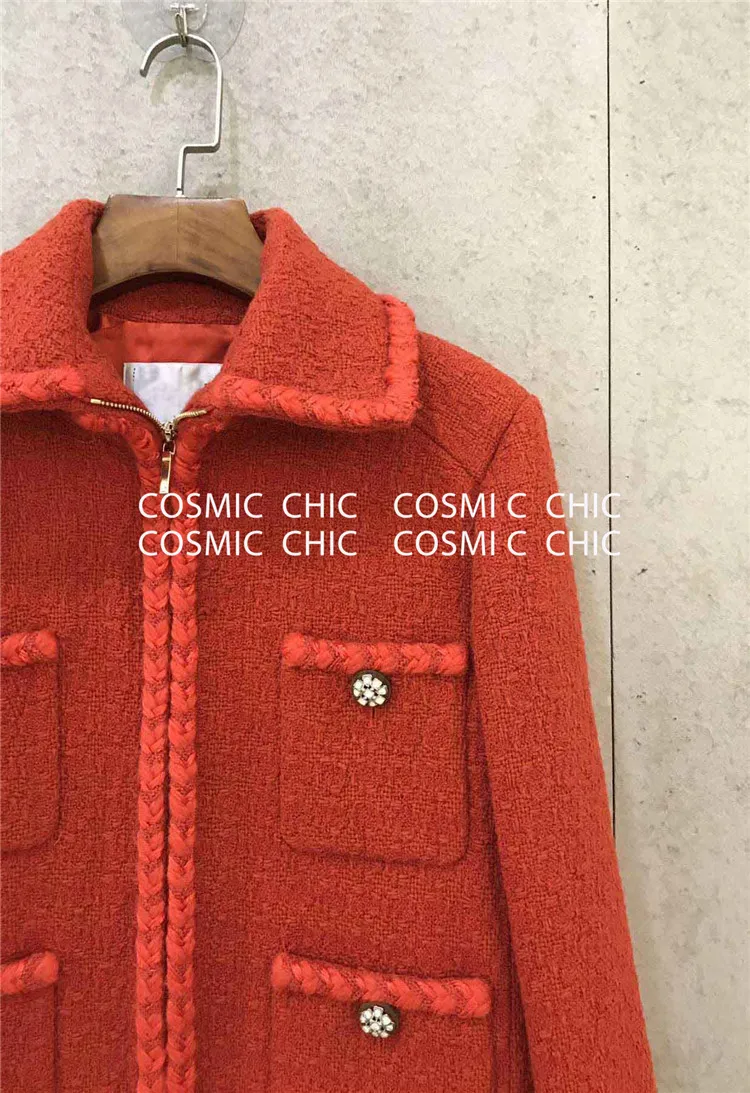 Cosmicchic Autumn Winter Women Runway Wool Skirt Suit Pocket Zipper Jacket Pencil Midi Skirt Elegant Office Red 2 Piece Set