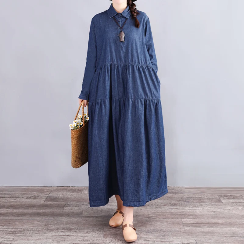 Dark Blue Винтажное женское джинсовое синее длинное платье ZANZEA, весеннее Платье макси с воротником и длинным рукавом, женское однотонное платье для работы - Цвет: Dark Blue