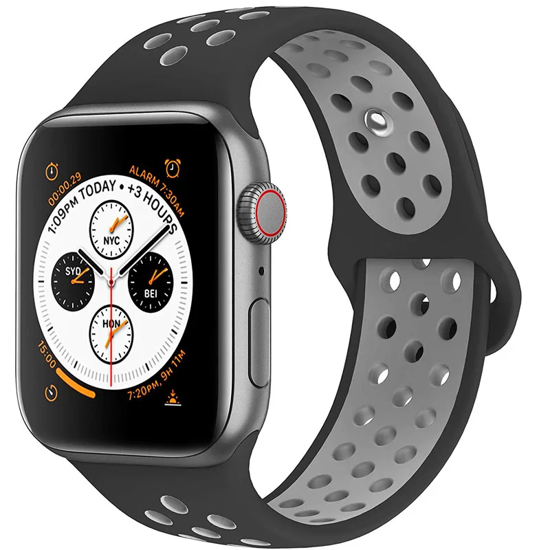 Black Gray Для Iwatch 3 2 1 38 мм 42 мм аксессуары дышащий силиконовый спортивный ремешок для Apple Watch 5 4 ремешок 44 мм 40 мм резиновый ремешок - Цвет ремешка: Black Gray