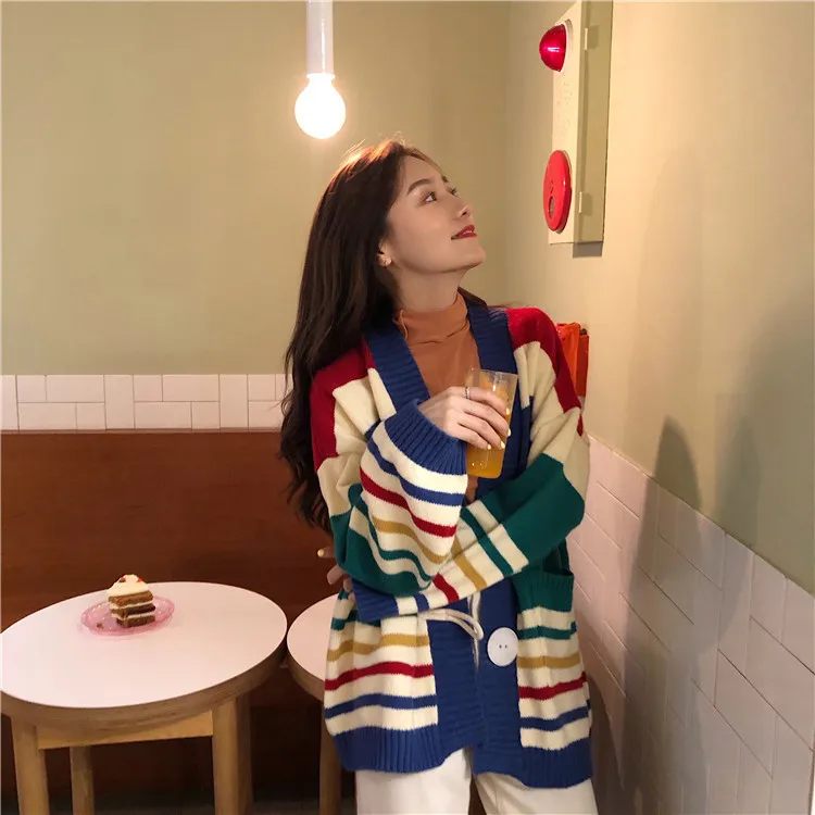 Neploe однобортный вязаный кардиган с v-образным вырезом для женщин Harajuku Rainbow stripesдлинный рукав свитер куртка негабаритные Джемперы 55237