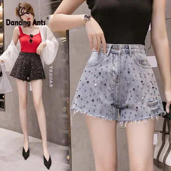 

Woman Booty Shorts Loose Wide-leg High Waist Jeans Shorts Kpop Streetwear Embroidered Flares Denim Ripped Shorts 2020 Summer