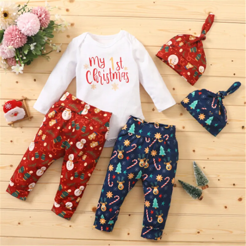 

2020 New Toddler Baby boy girl Christmas Clothes Set Letter Print Long Sleeve Top+Elastic Waist Pants+Hat 3pieces outfits 0-24M