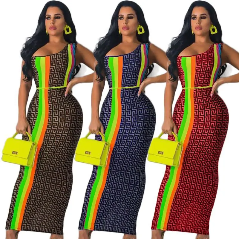 

Sexy One Shoulder Dress 2019 Summer Arrival Rainbow Striped Print Women Dress Strapless Sleeveless Night Party Ladies Maxi Dress
