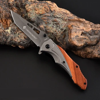 

180mm 7CR15MOV Blade Knives Titanium Folding Knife Wood Handle Survival Tactical Pocket Knife Small Combat Military Knifes + Box