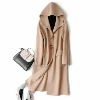 

Bornladies Camel Color Double-Sided Cashmere Coat Women's 2020 New Winter Mid-Length Loose Slimming Woolen Coat Wiht Cap