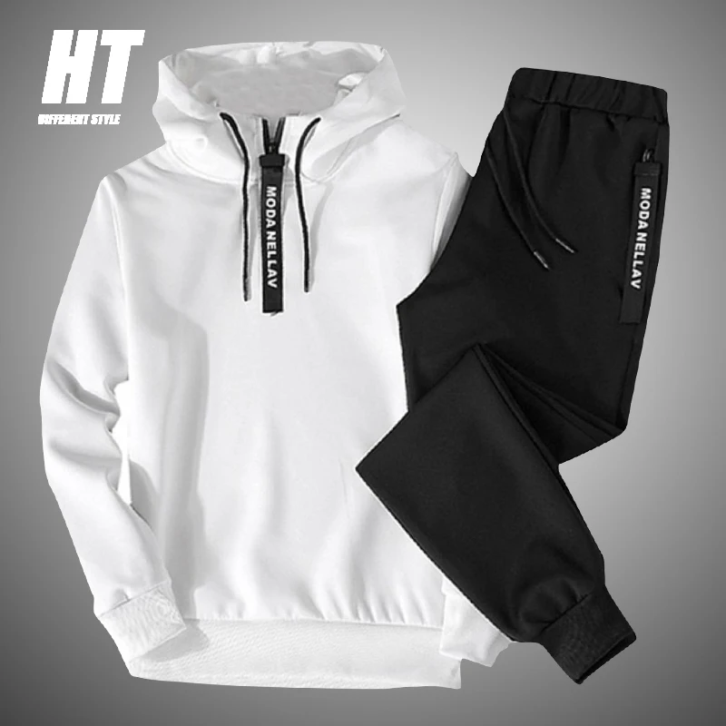 Conjuntos de ropa deportiva para hombre, chándal de retales con cremallera, Sudadera con capucha informal, 2 piezas + Pantalones, para correr, Primavera