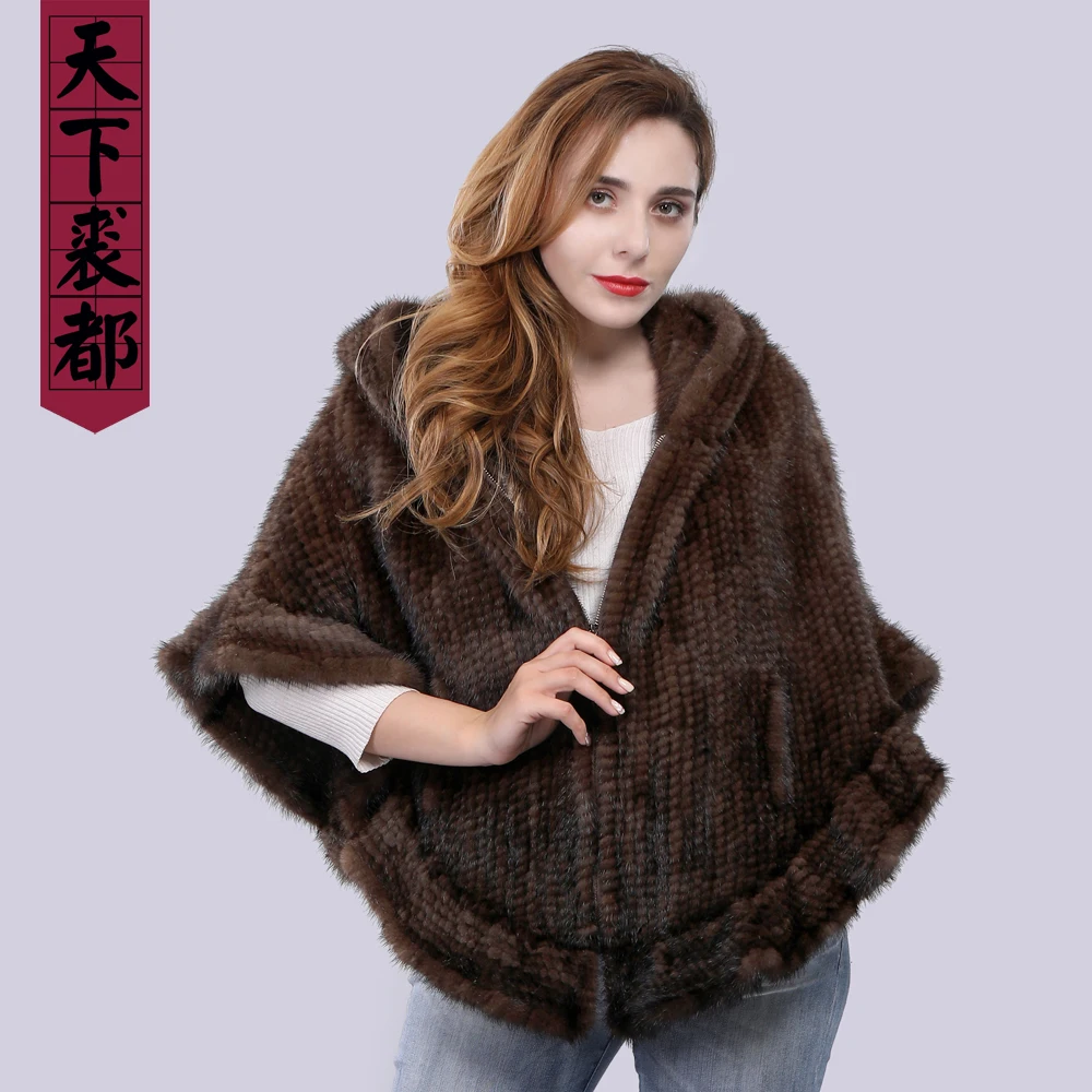 Новое поступление, модная женская меховая шаль, зимний вязанный натуральный мех норки, меховой палантин с меховым капюшоном, вязанное Норковое пончо из пашмины