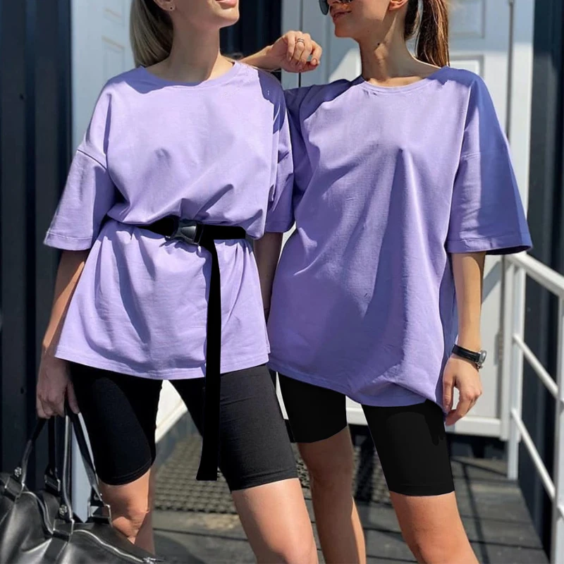 2020 Women Two Piece Set O Neck Loose Short Sleeve Tee Shirt with Belt And Biker Shorts Gym Sets Casual Summer Tracksuit Outfit