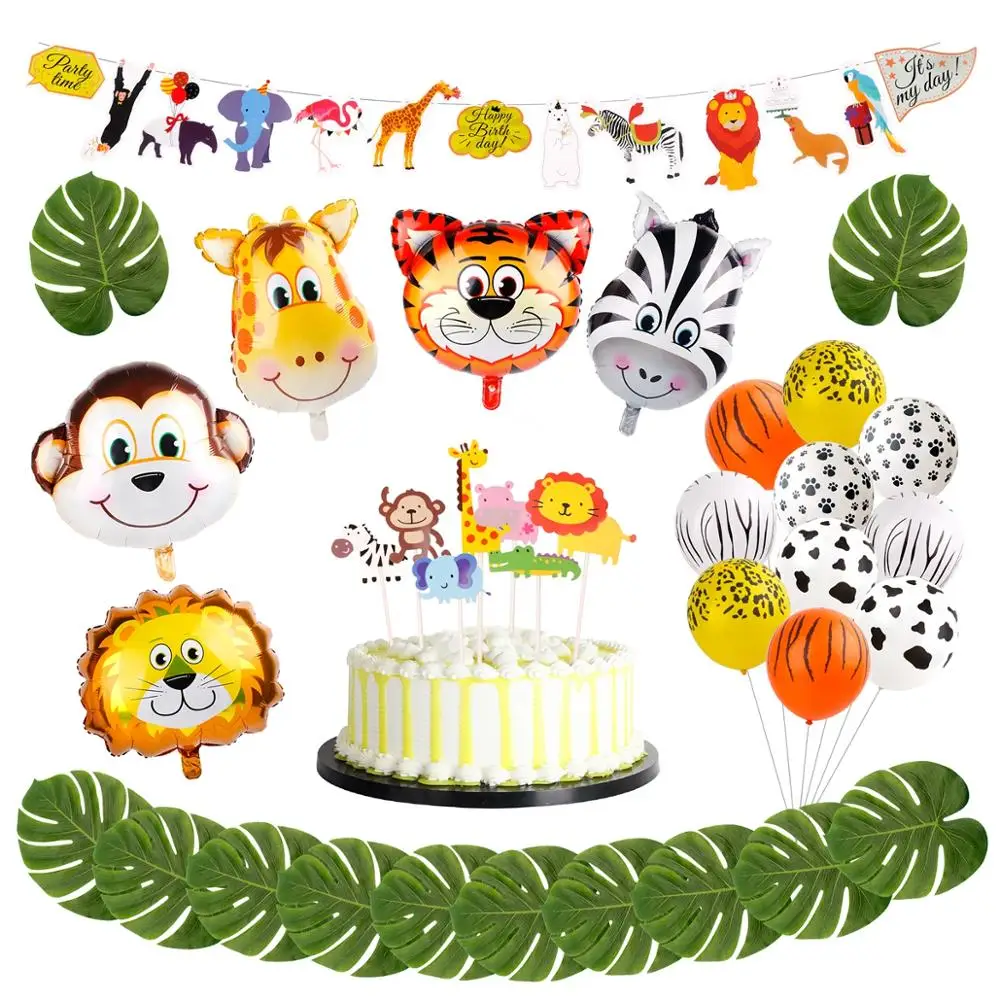 Safari Party Jungle Animal Birthday Banner Cake Toppers Cupcake Decor Happy Birthday Party Decorations Kids Party Favors Boy