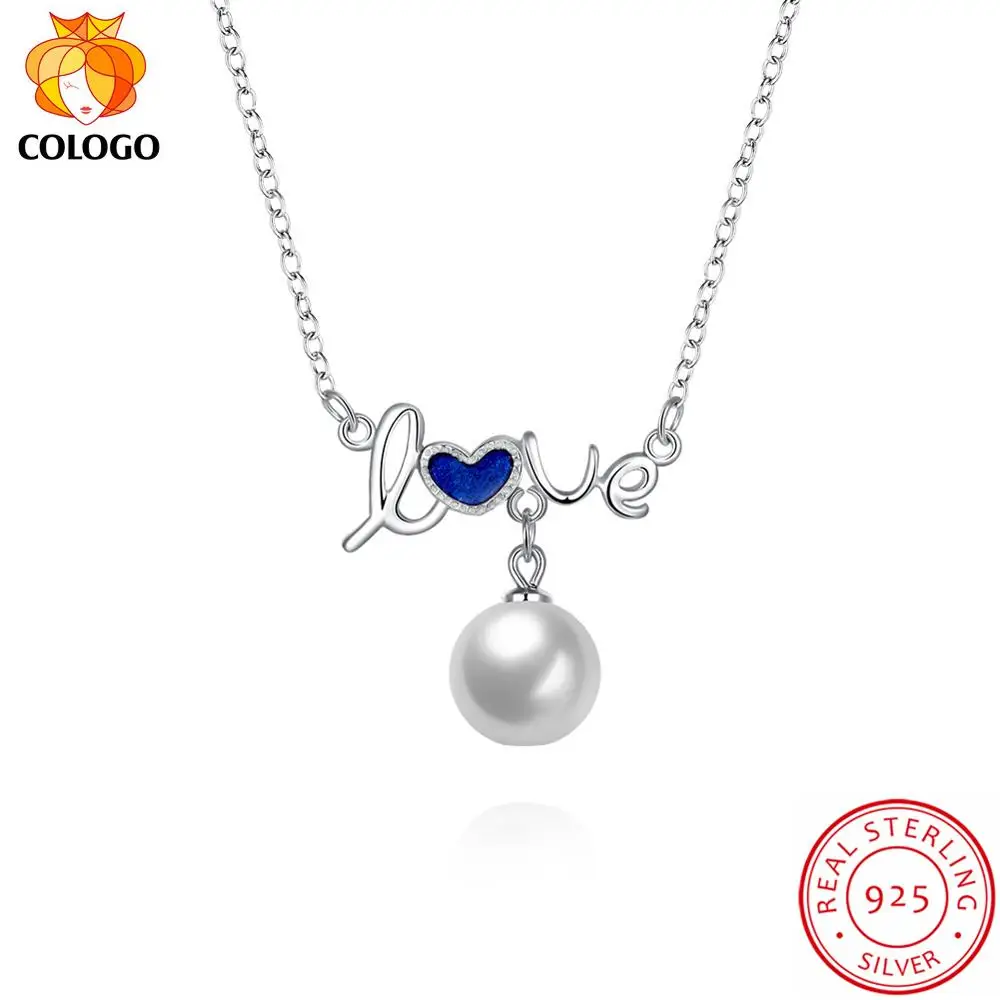 

COLOGO 925 Sterling Silver Romantic Letter Love pearl Dangle pendant Choker Necklace Chain For Women Party Jewelry Gift LKN0068