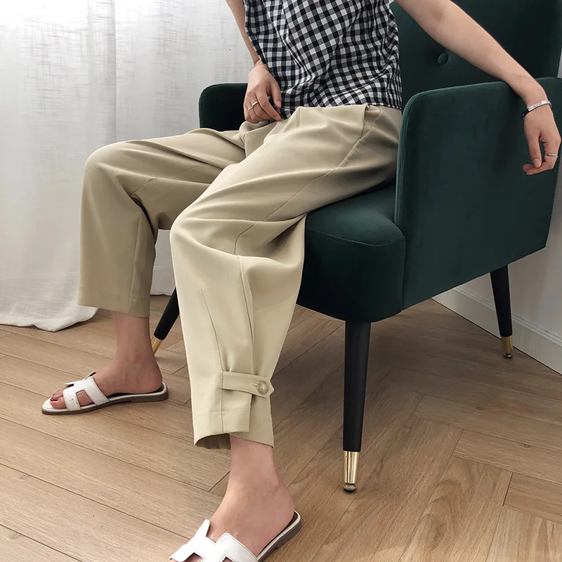 khaki SISPELL повседневные брюки цвета хаки для женщин с высокой талией корейские плиссированные широкие брюки женские осенние модные новая одежда - Цвет: khaki