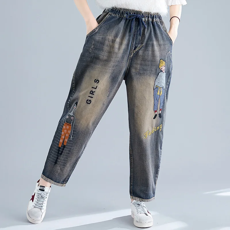 

Johnature Leisure 2020 Autumn New Plus Size Jeans Embroidery Loose Elastic Waist Harem Pants Korean Women High Waist Jeans
