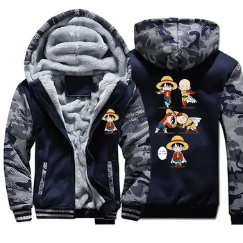 

Luffy vs Saitama Thick Hoodie One Piece Crossover One Punch Streetwear Camouflage Sweatshirt Japan Anime Cool Design Mens Coats