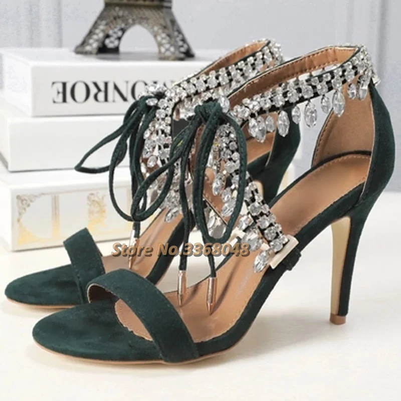 

Lace Up Crystal Sandalias Summer Bling Bling Rhinestone Tassel Woman Sandals Tied Up Thin Heels Female Party Dress Shoes