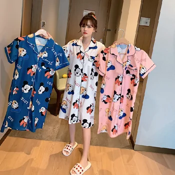 

Nightdress Shirt Imitated Silk skirt Women's Summer Ice Silk Nightdress Mid-Length Mickey Girl's Leisure sleepwear night gown
