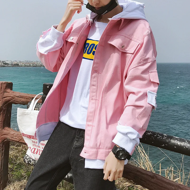 

Spring And Autumn New Style Pink Jeans Coat Men Korean-style Trend Hooded Handsome Jacket Male STUDENT'S Loose-Fit Coat