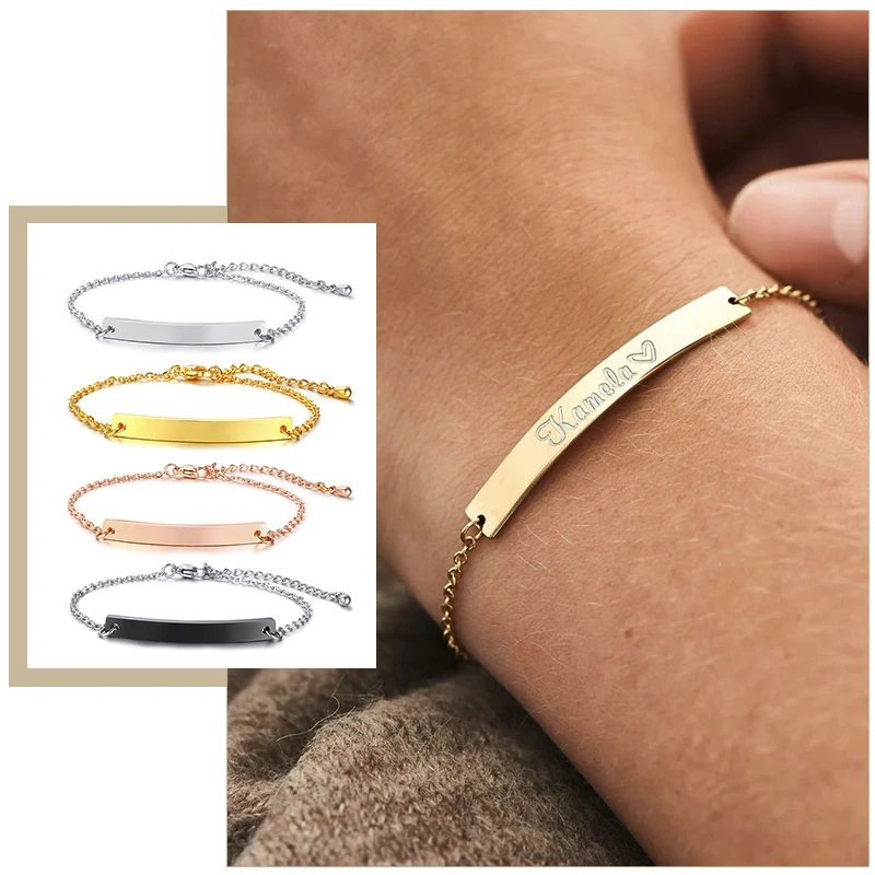 Elegant Personalized ID Bar Bracelets for Women 5mm Thin Stainless Steel Link Chain Custom Name Quotes BFF Bracelet Gift Jewelry