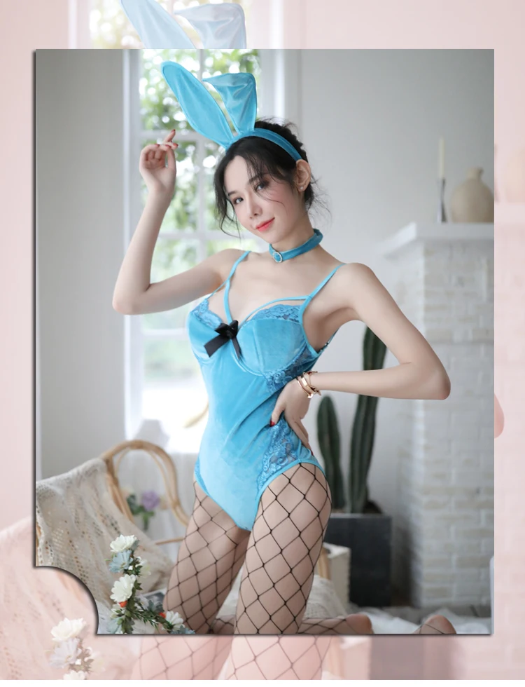 Cute Bunny Sexy Lingerie Uniform Seduces Rabbit Wear Blue Velvet Passion Bodysuit for Christmas Women Costumes