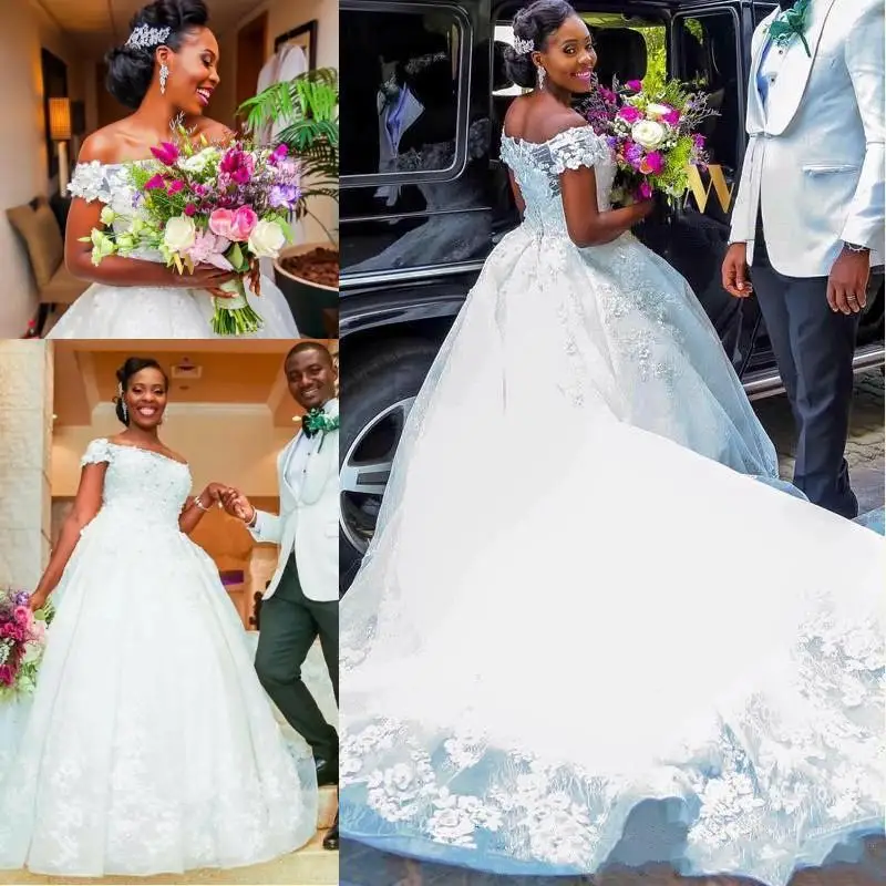 

Arabic Dubai Wedding Dresses 2020 African Woman 3d Floral Appliques Pearls Chapel Train Long Tail Bridal Gown Vestidos De Novia