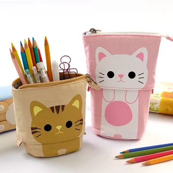 

New Creative High Quality Telescopic Vertical Canvas Pen Holder Pencil Case Cartoon Cute Cat Multi-function Office Storage Bag