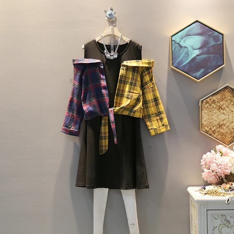 

[EWQ] 2019 Spring Autumn New Pattern Round Collar Fake Two Piece Hit Colors Plaid Casual Dress Women Fashion Tide AH21701.5XL