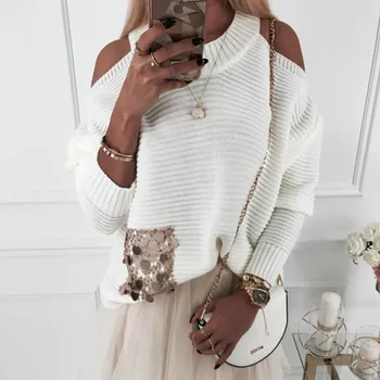 

Women Bead Sequins Pockets Sexy Loose Sweater New Round Neck Off Shoulder Knitted Sweaters Autumn Winter Clothes Sueter Mujer