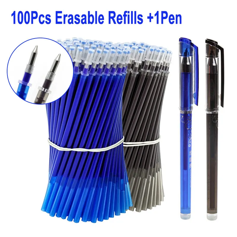 

101Pcs/Set Erasable Gel Pen 0.5mm Erasable Pen Refill Rod Blue Black Ink Bullet Style Penpoint Washable Handle Stationery Tool